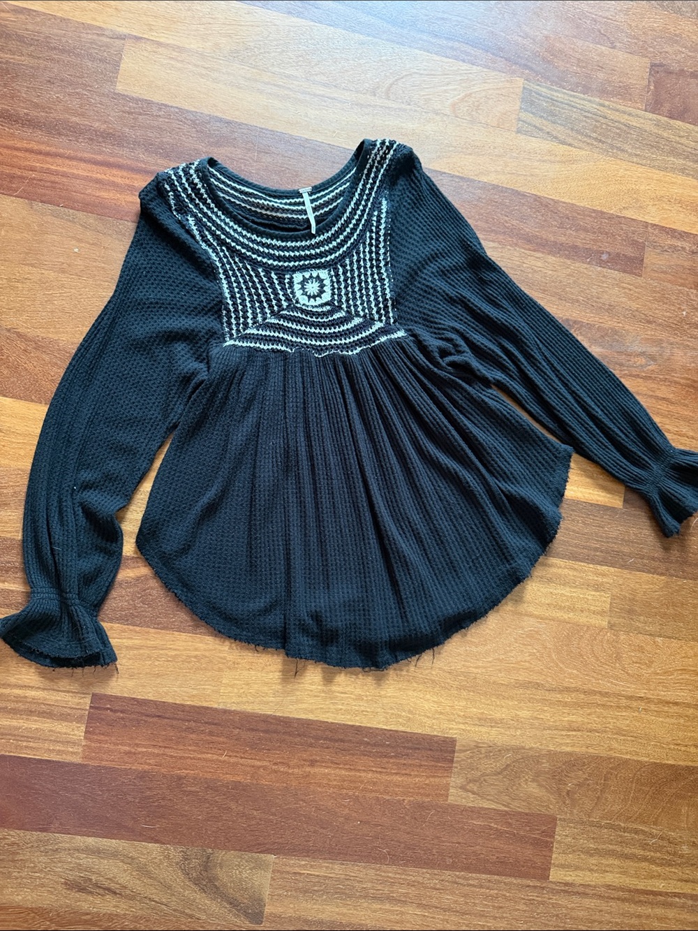 Free People Black Waffle Knit Tunic with Cream Contrast Yoke